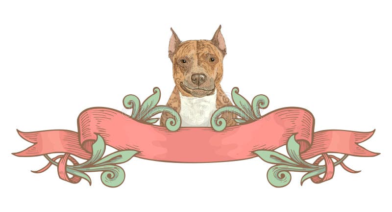 Hand grawn smiling dog with vintage ribbon banners and drawing in engraving style. Hand drawn design element. Vector
