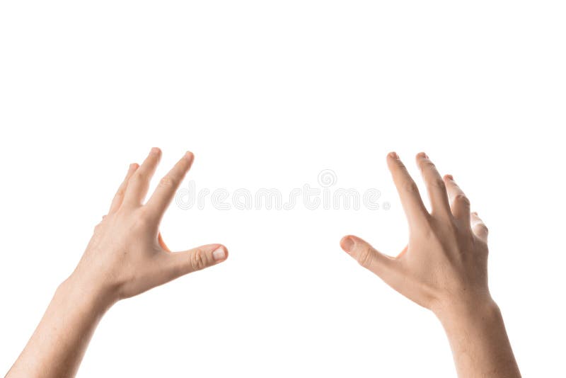 Mannenhand houdt, grijpt of vangt een object vast, handgebaar. Geïsoleerd op witte achtergrond royalty-vrije stock fotografie