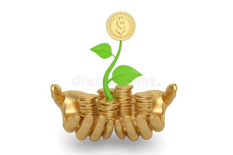 Hand and growing gold coin stacks. 3D illustration. vector illustration
