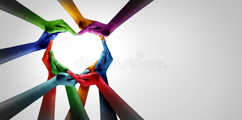 Hand Heart Diverse Community. Hand heart community and diverse unity and diversity partnership as hands in a group of different people connected together shaped