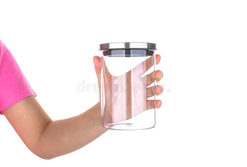 Hand Hold Empty Glass Jar with Aluminum Lid Isolated Stock Photo