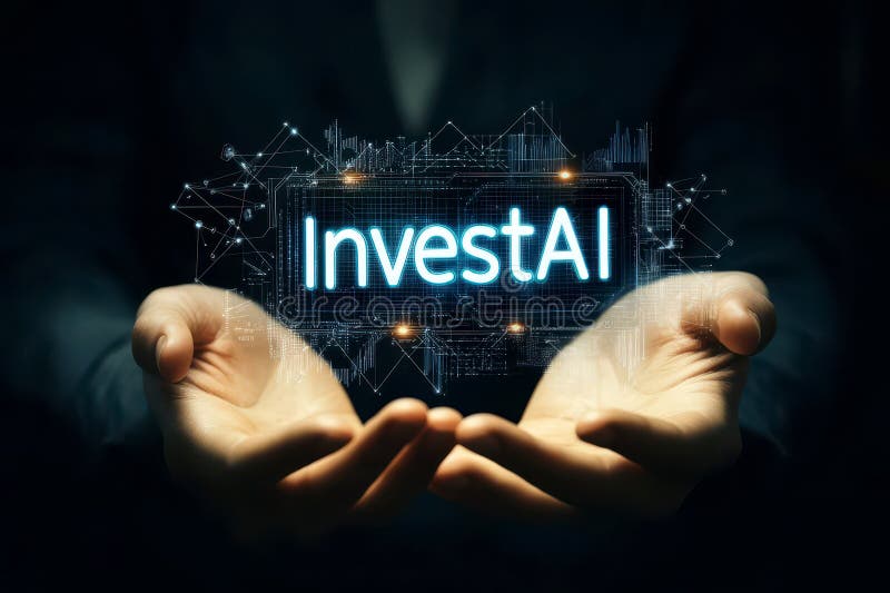Hand hold InvestAI technology concept with futuristic digital interface and glowing network connections to illustrate AI vector illustration