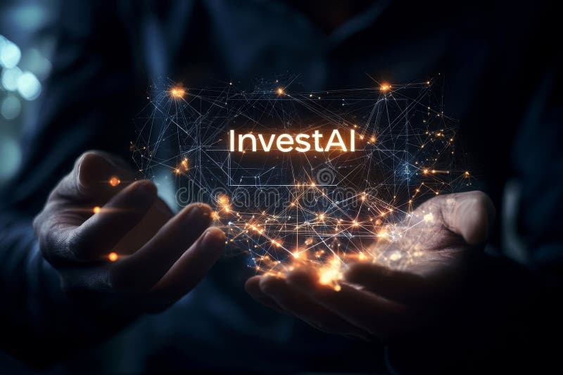 Hand hold InvestAI technology concept with futuristic digital interface and glowing network connections to illustrate AI stock illustration