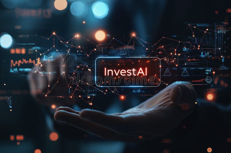 Hand hold InvestAI technology concept with futuristic digital interface and glowing network connections to illustrate AI stock illustration