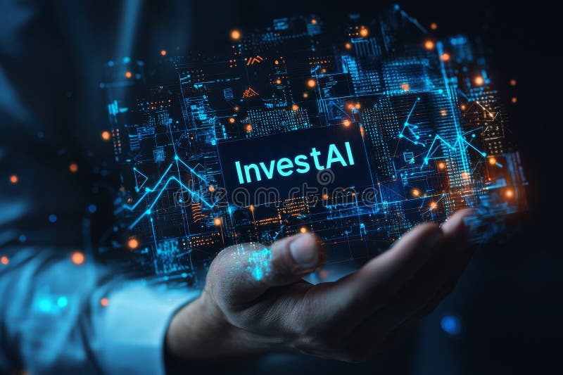 Hand hold InvestAI technology concept with futuristic digital interface and glowing network connections to illustrate AI stock illustration