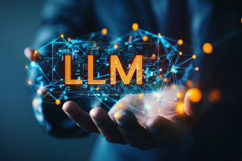 A hand hold with LLM displayed among digital icons. Concepts of large language models , artificial intelligence, and vector illustration