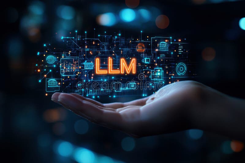 Hand hold LLM text icon, AI Large Language Model concept. A language model distinguished by its general-purpose language generation capability. Chat AI.. AI generated