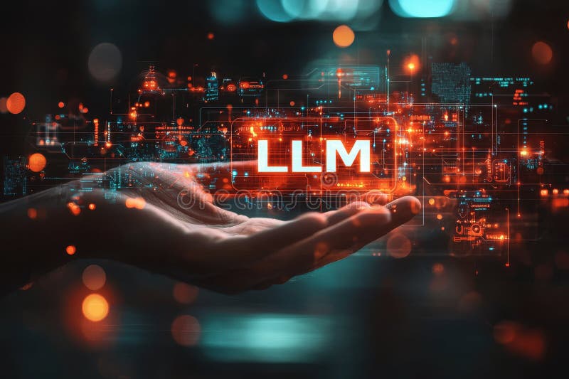 Hand hold LLM text icon, AI Large Language Model concept. A language model distinguished by its general-purpose language royalty free illustration