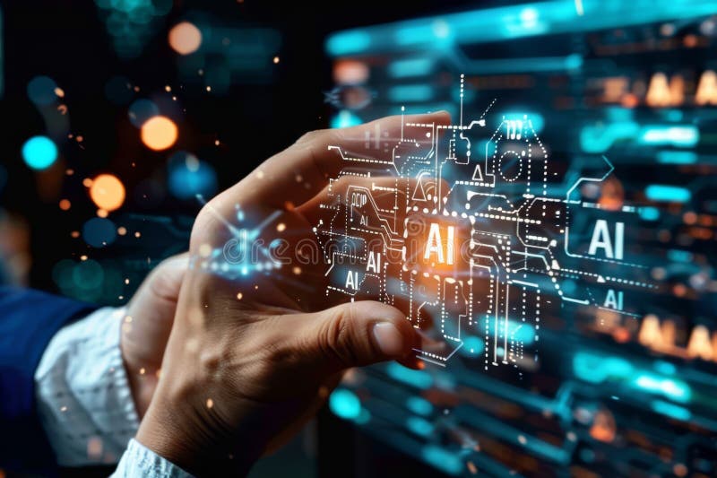 Hand Holding AI Chip, Digital Innovation, Modern Technology, Advanced Computing, Futuristic Electronics, High Tech Device royalty free illustration