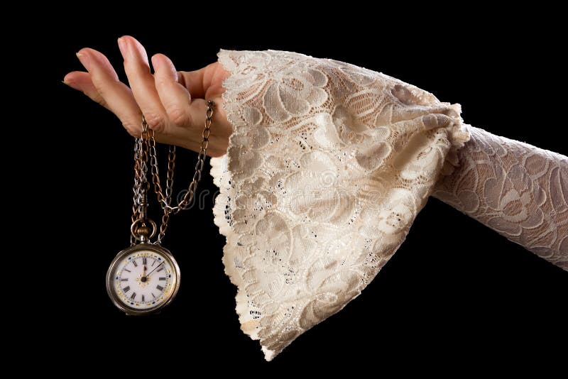 Delicate hand holding vintage silver pocket watch on lace, hypnotic sway in dim light evoking deepening trance
