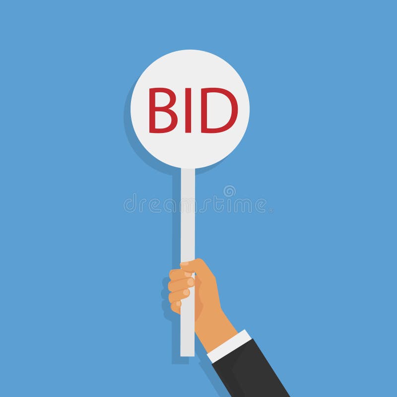 Hand Holding Auction Paddle. BID. Stock Vector Illustration of money