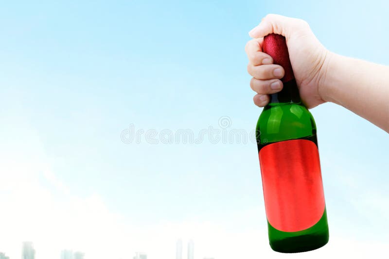 Hand holding beer bottle with a blue sky background