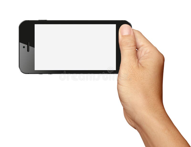 Hand holding Black Smartphone in horizontal on white