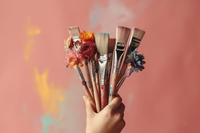Hand Holding a Bouquet of Paint Brushes and Rollers Created with