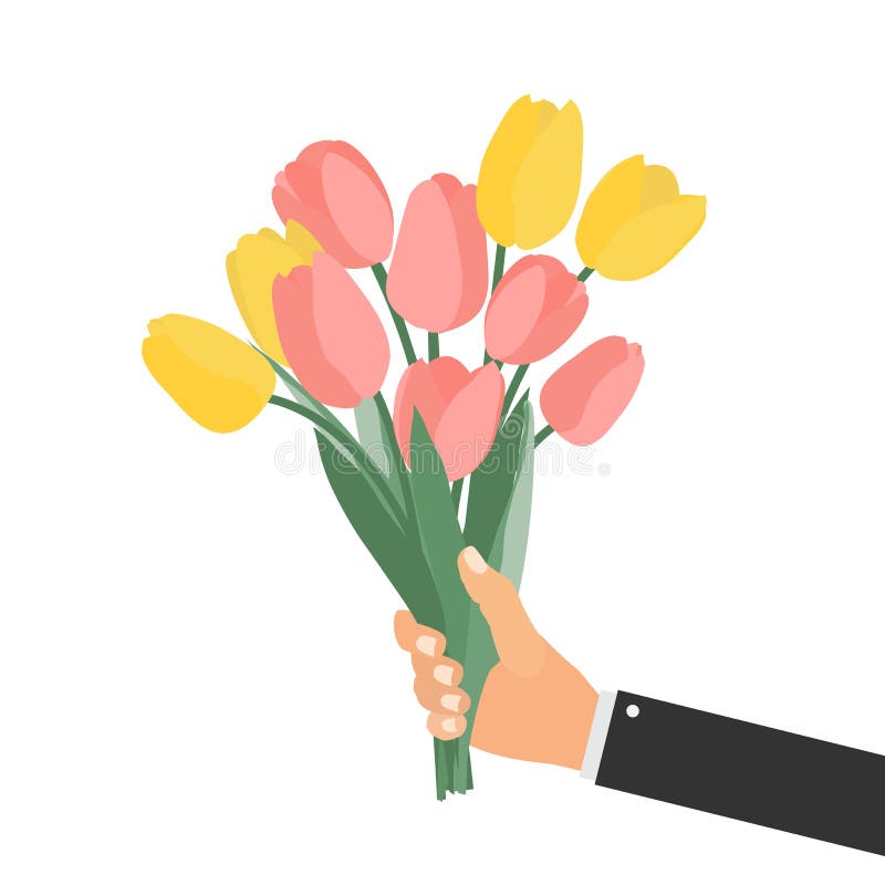 Hand holding Bouquet of spring flowers tulips. Vector Illustration. PS10