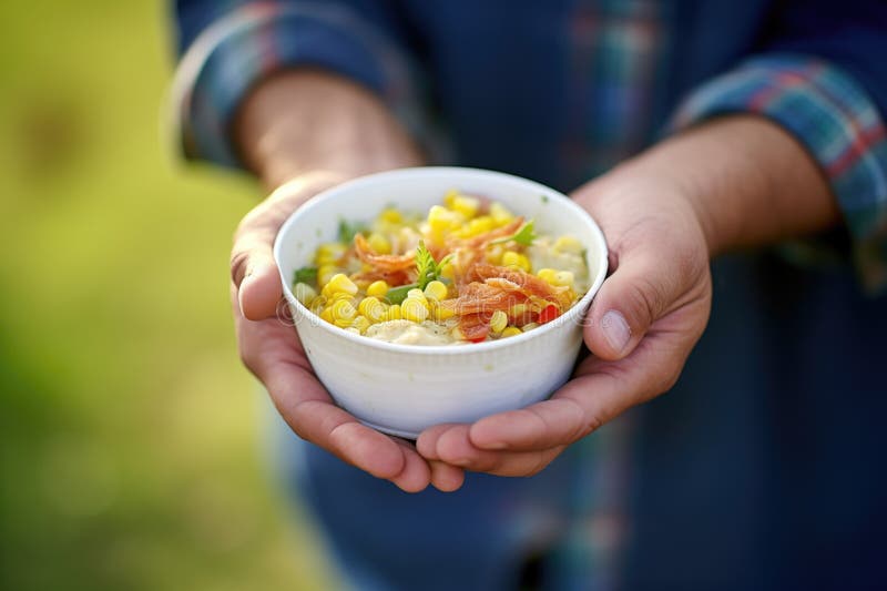 Hand holding a bowl of corn chowder outdoors stock images