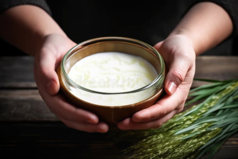 Hand holding bowl of fresh buttermilk stock image