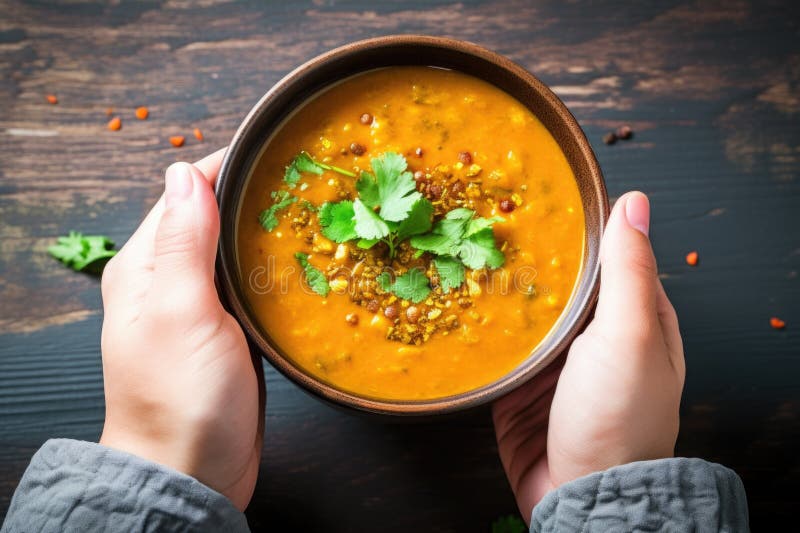 Hand holding a bowl of hot lentil soup vector illustration