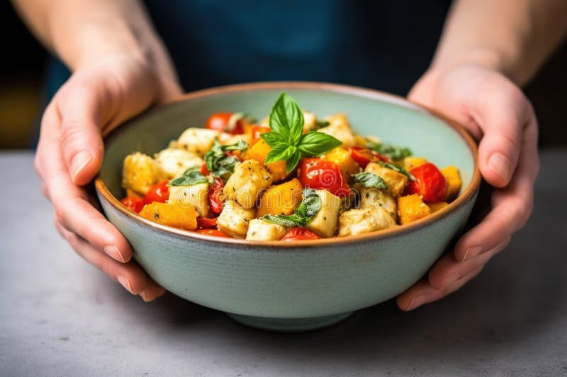 Hand holding bowl of vegan cauliflower gnocchi royalty free stock photography