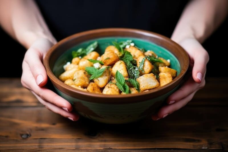 Hand holding bowl of vegan cauliflower gnocchi stock photo