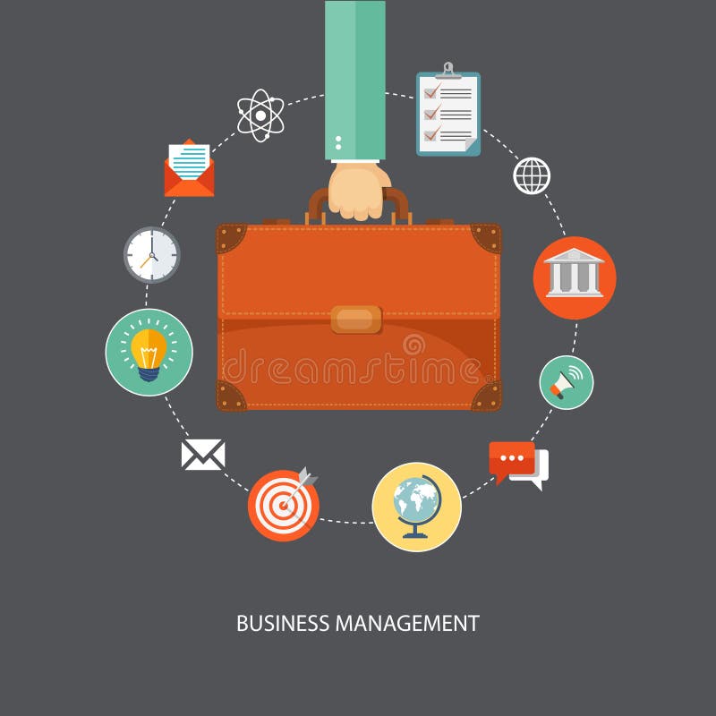 Hand holding briefcase with icons. Business management flat illustration