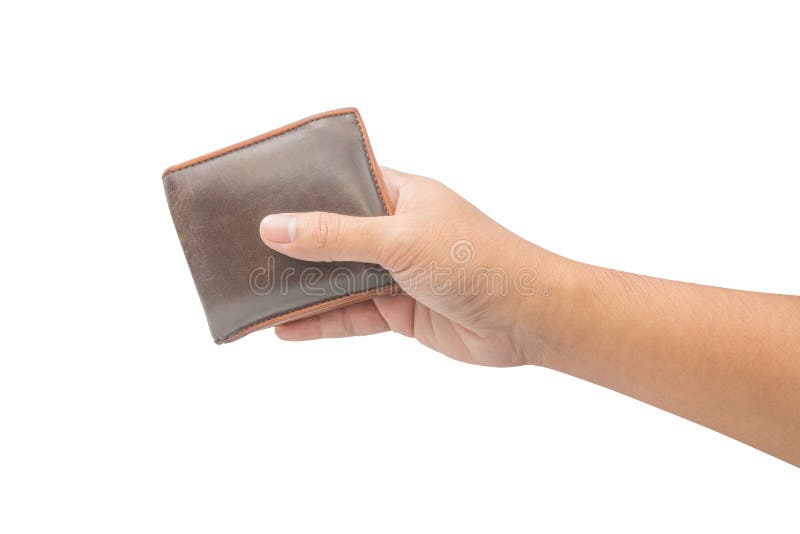 Man hand open the brown handmade leather empty wallet on white background  Stock Photo