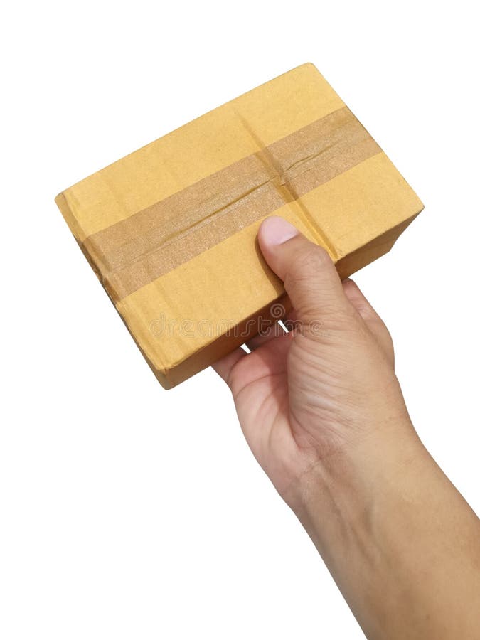 Hand holding brown paper box package isolated on white background stock photo Hand holding brown paper box package isolated on white background stock photo