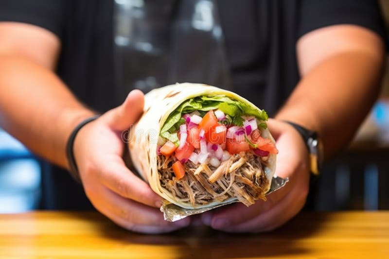 Hand holding a carnitas burrito and it royalty free stock image