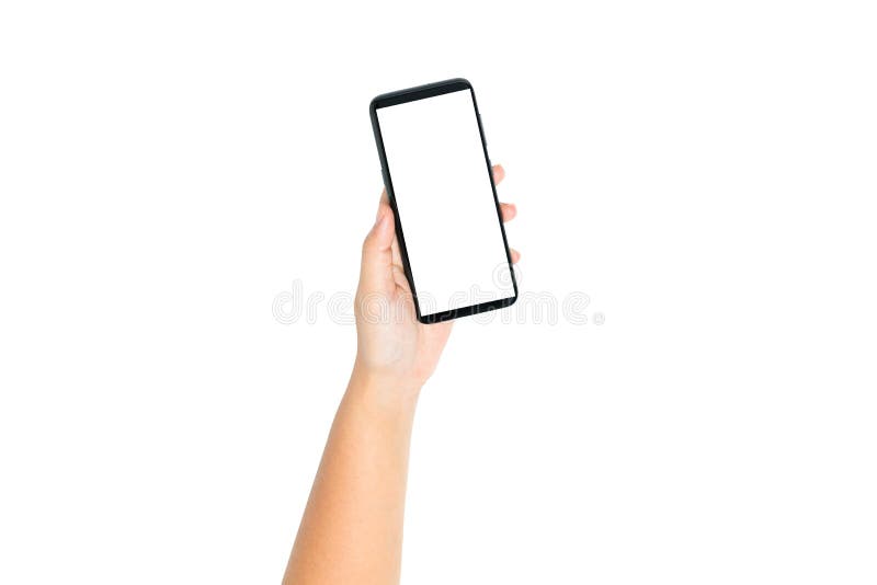Hand holding cell phone blank on white screen and white background royalty free stock images Hand holding cell phone blank on white screen and white background royalty free stock images