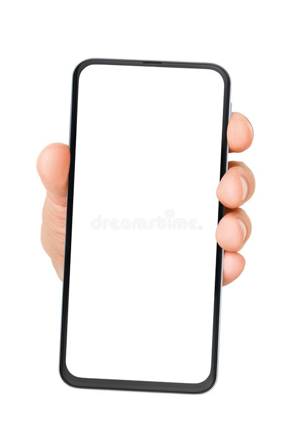 Hand holding cellphone with empty screen isolated on white