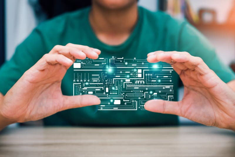 Hand holding Circuit board technology, processor chip. graphic for abstract data circuit line of server internet speed. Futuristic technology concept.