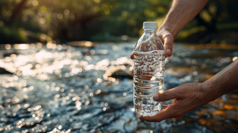 Hand holding a clear water bottle by a river. stock photo