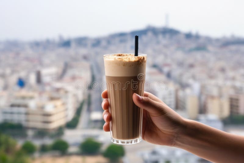 Hand holding coffee shake with city backdrop stock illustration