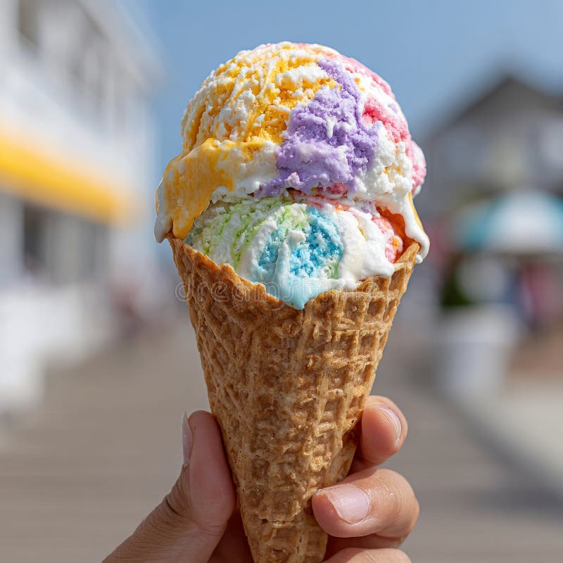 Hand holding a colorful melting ice cream cone outdoors. royalty free stock photo