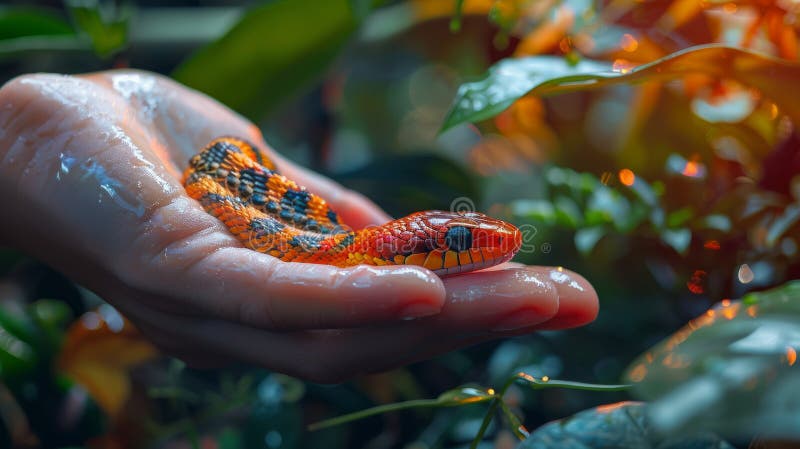 Hand holding a colorful snake. royalty free stock images