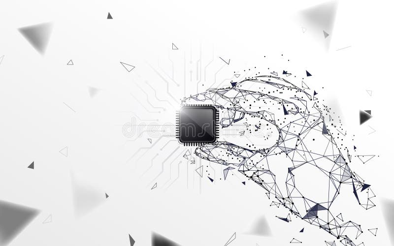 Hand holding a computer processor. Abstract polygonal, lines, triangles and particle style design stock illustration