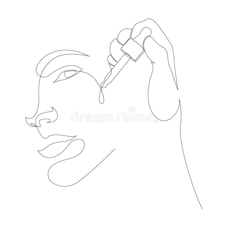 Hand holding cosmetic vial with pipette next to female face. Continuous one line drawing of decorative cosmetics for