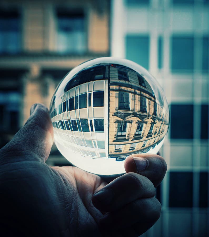 Hand Holding Crystal Ball in Front of a Building Stock Photo Image of