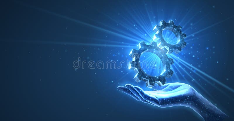Hand holding 3d gear mechanism. Engine solution, digital technical support. royalty free illustration