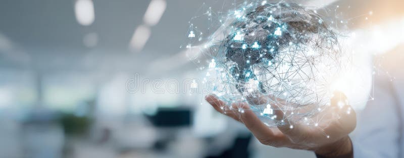 The Hand Holding a Digital Globe Representing Global Connectivity and Technology Trends image stock photo.