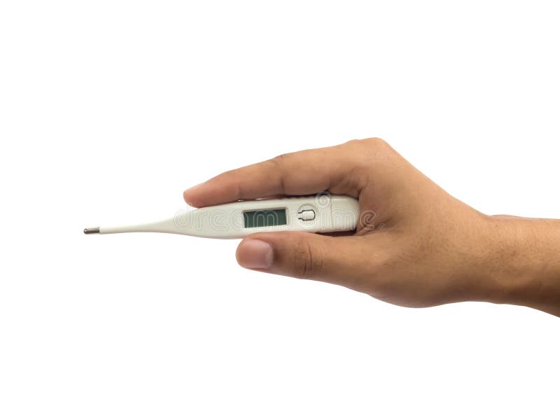 Hand Holding Digital Thermometer For Fever Measurement Isolated Stock