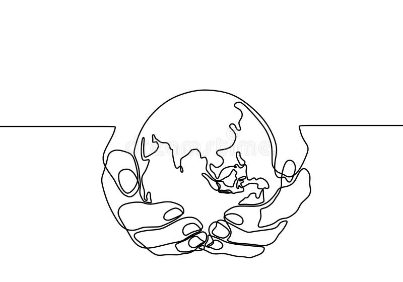 Hand holding earth globe one line drawing. 