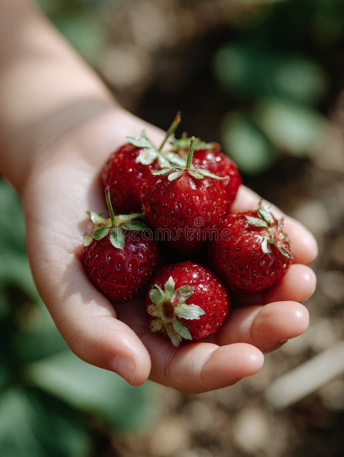 Hand holding fresh strawberries in a garden. royalty free stock images