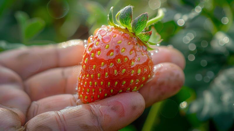 Hand holding a fresh strawberry stock image