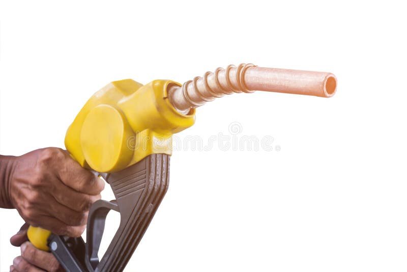 Hand holding gas pump on white ackground