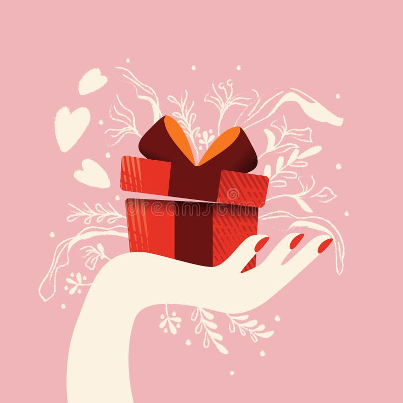 Hand holding a gift box with hearts coming out and decoration. Colorful hand drawn illustration for Happy Valentine’s day.