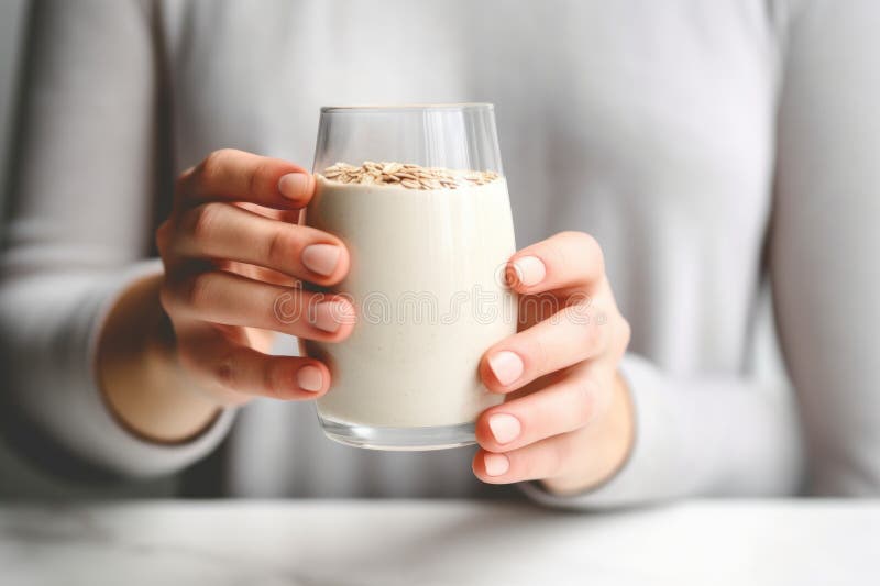 Hand holding glass of chilled oat milk stock photography