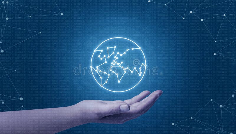 Hand holding globe network concept. Binary code in background and network threads royalty free stock photography Hand holding globe network concept. Binary code in background and network threads royalty free stock photography