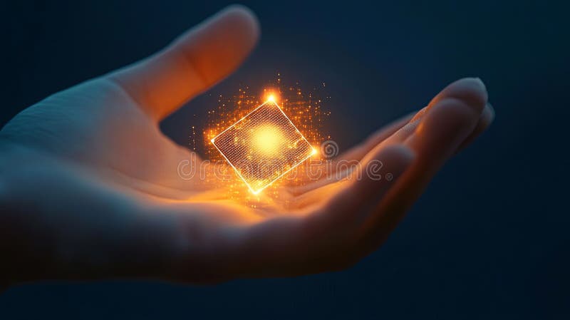 A hand holding a glowing chip, symbolizing biometric microchip stock images