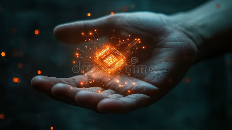 A hand holding a glowing chip, symbolizing biometric microchip royalty free stock photos